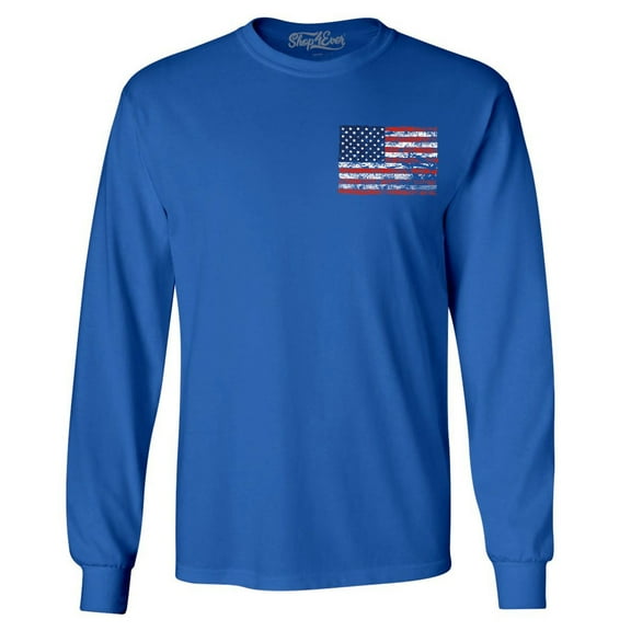 Shop4Ever Men's Distressed American Flag Pocket Size USA Patriotic 4th of July  Long Sleeve Shirt Small Royal Blue