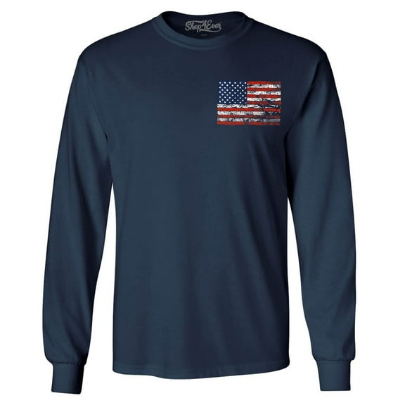 Shop4Ever Men's Distressed American Flag Pocket Size USA Patriotic 4th of July  Long Sleeve Shirt X-Large Navy