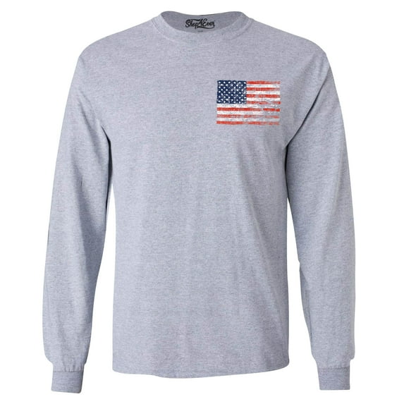 Shop4Ever Men's Distressed American Flag Pocket Size USA Patriotic 4th of July Long Sleeve Shirt X-Large Sports Grey