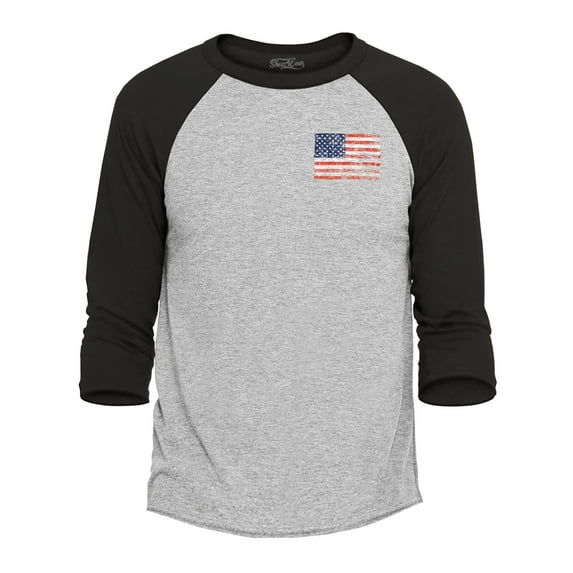 Shop4Ever Men's Distressed American Flag Pocket Size USA Patriotic 4th of July Raglan Baseball Shirt Medium Heather Grey/Black