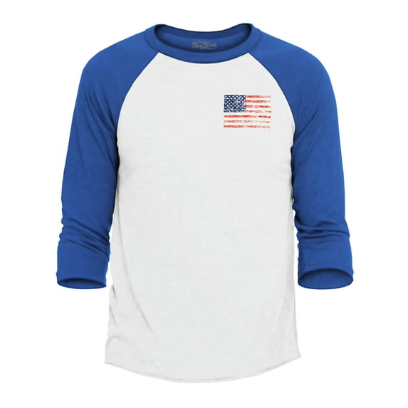 Shop4Ever Men's Distressed American Flag Pocket Size USA Patriotic 4th of July Raglan Baseball Shirt Small White/Red