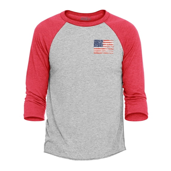 Shop4Ever Men's Distressed American Flag Pocket Size USA Patriotic 4th of July Raglan Baseball Shirt X-Large Heather Grey/Red