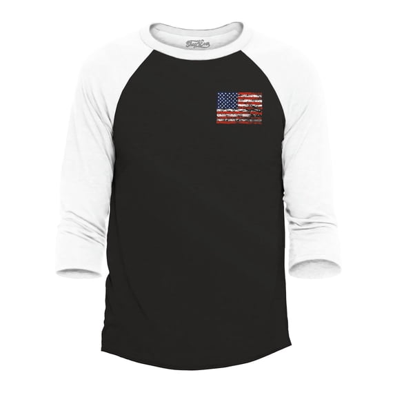 Shop4Ever Men's Distressed American Flag Pocket Size USA Patriotic 4th of July Raglan Baseball Shirt X-Small Black/White