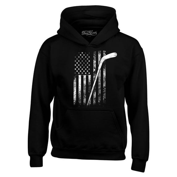 Shop4Ever Men's Distressed Hockey American Flag Patriotic Sports Hooded Sweatshirt Hoodie Small Black
