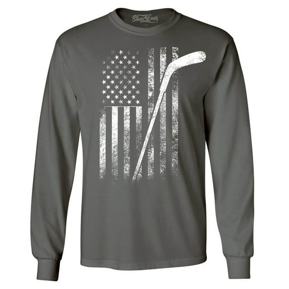 Shop4Ever Men's Distressed Hockey American Flag Patriotic Sports Long Sleeve Shirt Large Charcoal