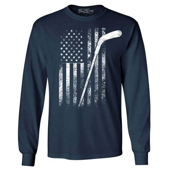Shop4Ever Men's Distressed Hockey American Flag Patriotic Sports Long Sleeve Shirt Small Navy