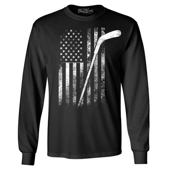 Shop4Ever Men's Distressed Hockey American Flag Patriotic Sports Long Sleeve Shirt X-Large Black