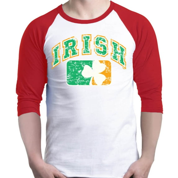 Shop4Ever Men's Distressed Irish Flag St. Patrick's Day Raglan Baseball Shirt Large White/Red