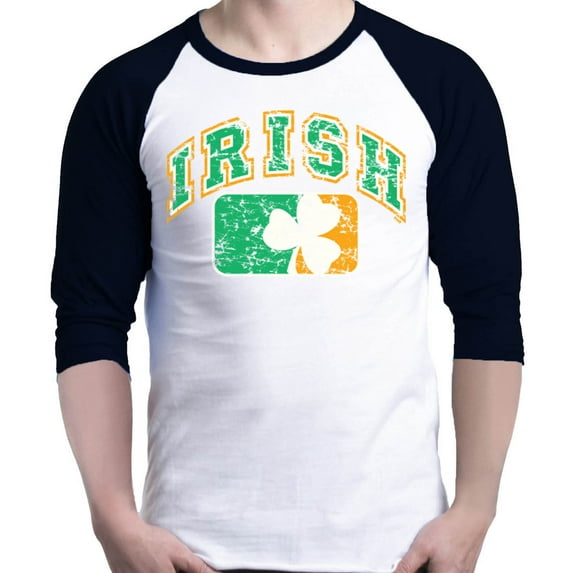 Shop4Ever Men's Distressed Irish Flag St. Patrick's Day Raglan Baseball Shirt XXX-LargeWhite/Black