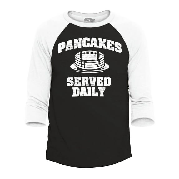 Shop4Ever Men's Distressed Pancakes Served Daily Funny Football Raglan Baseball Shirt Medium Black/White