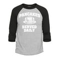 thumbnail image 1 of Shop4Ever Men's Distressed Pancakes Served Daily Funny Football Raglan Baseball Shirt XX-Large Heather Grey/Black, 1 of 4