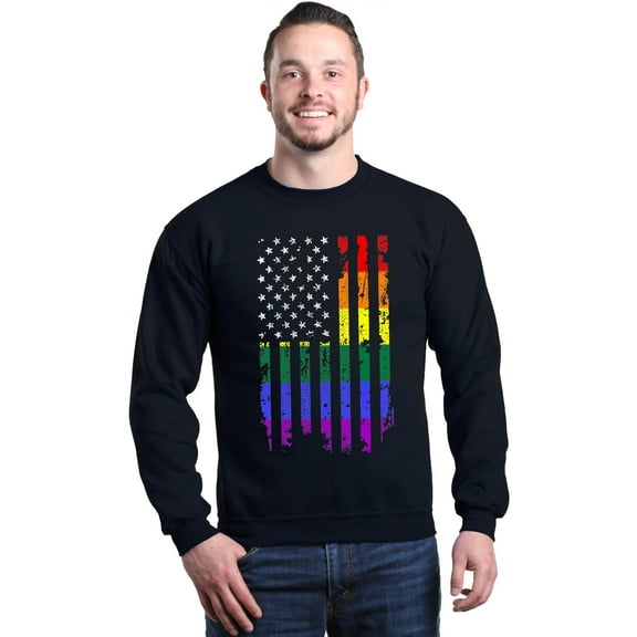 Shop4Ever Men's Distressed Rainbow Flag Gay Pride Crewneck Sweatshirt Medium Black