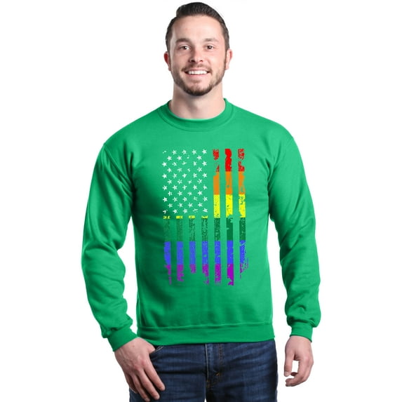 Shop4Ever Men's Distressed Rainbow Flag Gay Pride Crewneck Sweatshirt Medium Irish Green