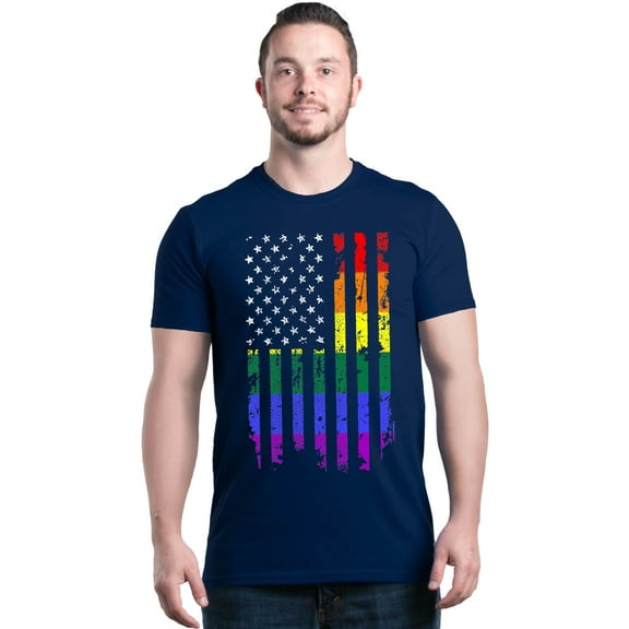 Shop4Ever Men's Distressed Rainbow Flag Gay Pride Graphic T-shirt XXX-Large Navy