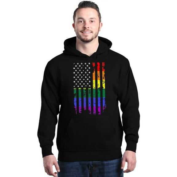 Shop4Ever Men's Distressed Rainbow Flag Gay Pride Hooded Sweatshirt Hoodie Medium Black