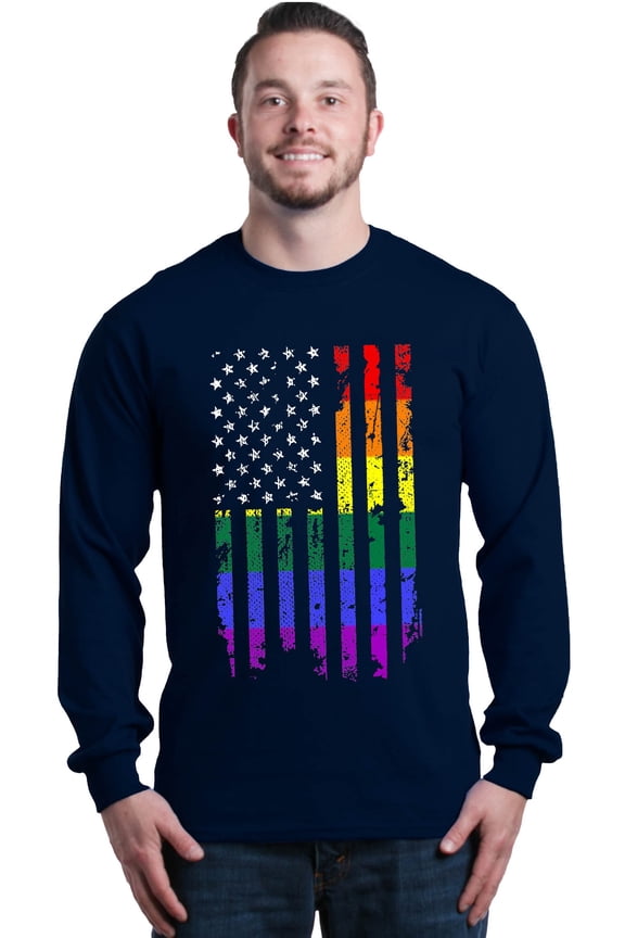 Men's Distressed Rainbow Flag Gay Pride Long Sleeve Shirt Large Navy