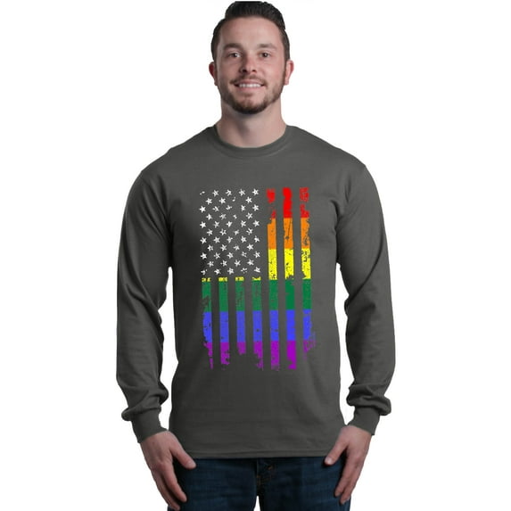 Shop4Ever Men's Distressed Rainbow Flag Gay Pride Long Sleeve Shirt Medium Charcoal