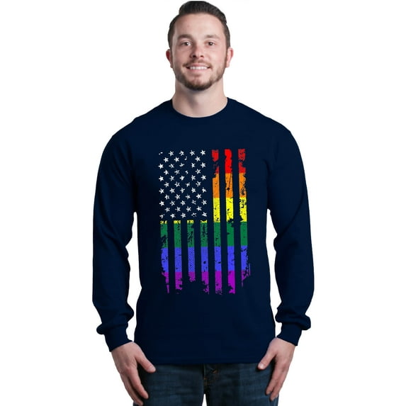 Shop4Ever Men's Distressed Rainbow Flag Gay Pride Long Sleeve Shirt X-Large Navy