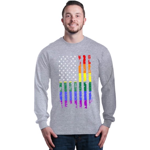 Shop4Ever Men's Distressed Rainbow Flag Gay Pride Long Sleeve Shirt X-Large Sports Grey