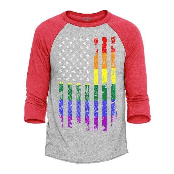 Shop4Ever Men's Distressed Rainbow Flag Gay Pride Raglan Baseball Shirt Large Heather Grey/Red