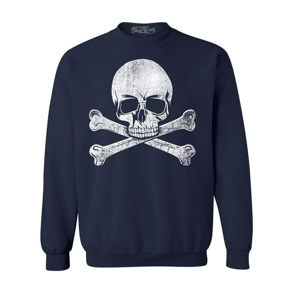 Shop4Ever Men's Distressed White Skull and Crossbones Crewneck Sweatshirt Large Navy