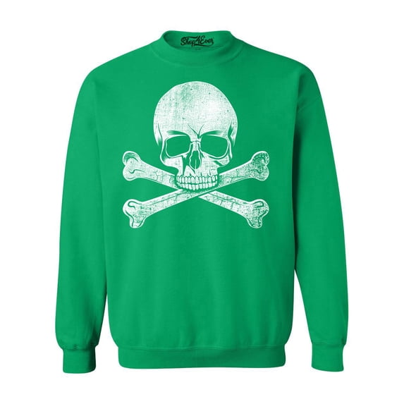 Shop4Ever Men's Distressed White Skull and Crossbones Crewneck Sweatshirt Small Irish Green
