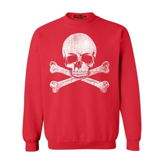 Shop4Ever Men's Distressed White Skull and Crossbones Crewneck Sweatshirt Small Red