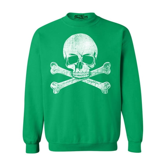 Shop4Ever Men's Distressed White Skull and Crossbones Crewneck Sweatshirt XXX-Large Irish Green