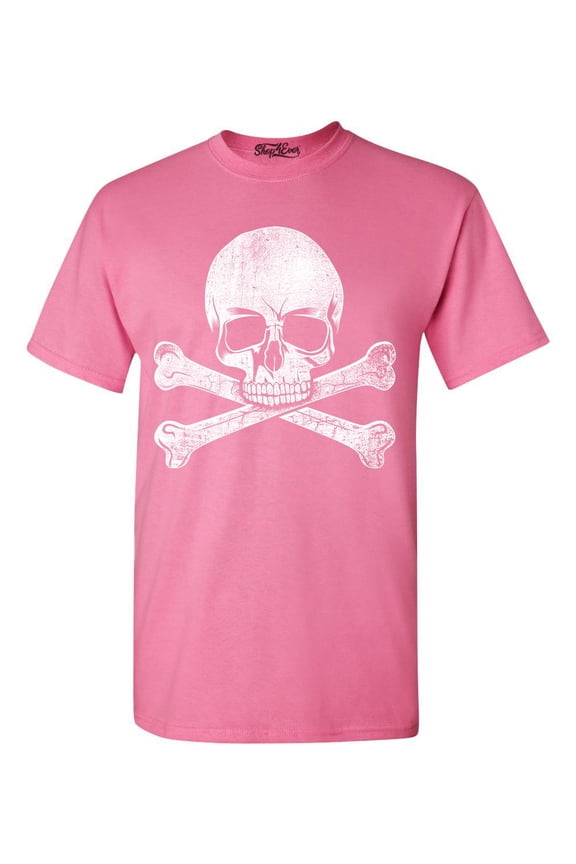Men's Distressed White Skull and Crossbones Graphic T-shirt Large Azalea Pink