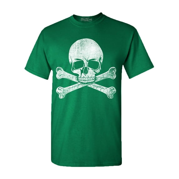 Shop4Ever Men's Distressed White Skull and Crossbones Graphic T-shirt Small Kelly