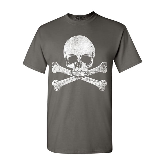 Shop4Ever Men's Distressed White Skull and Crossbones Graphic T-shirt X-Large Charcoal