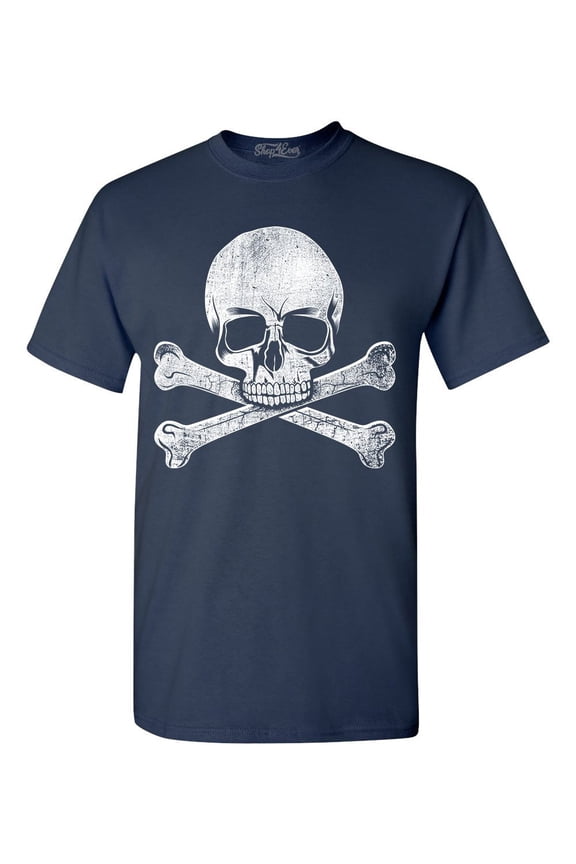 Men's Distressed White Skull and Crossbones Graphic T-shirt XXXX-Large Navy