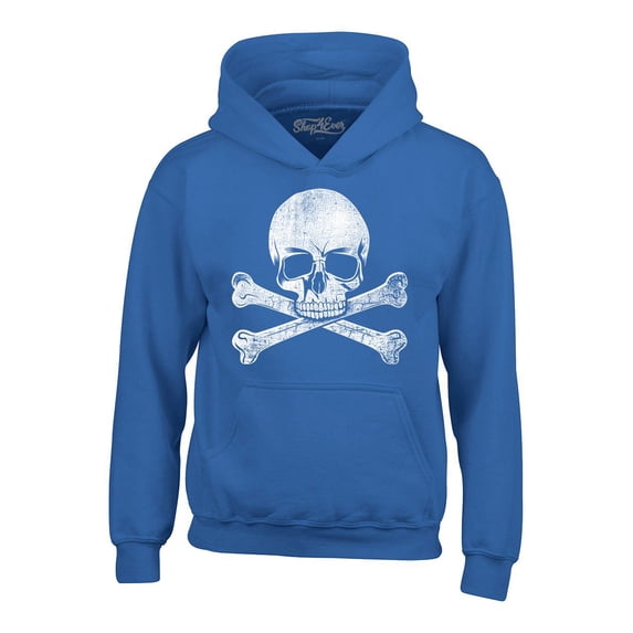 Shop4Ever Men's Distressed White Skull and Crossbones Hooded Sweatshirt Hoodie Large Royal Blue