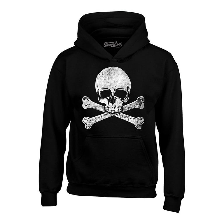 Shop4Ever Men s Distressed White Skull and Crossbones Hooded Sweatshirt Hoodie X Large Black