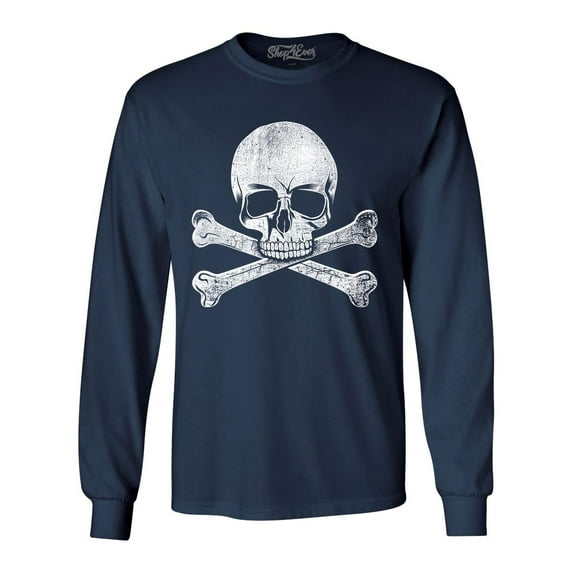 Shop4Ever Men's Distressed White Skull and Crossbones Long Sleeve Shirt X-Large Navy