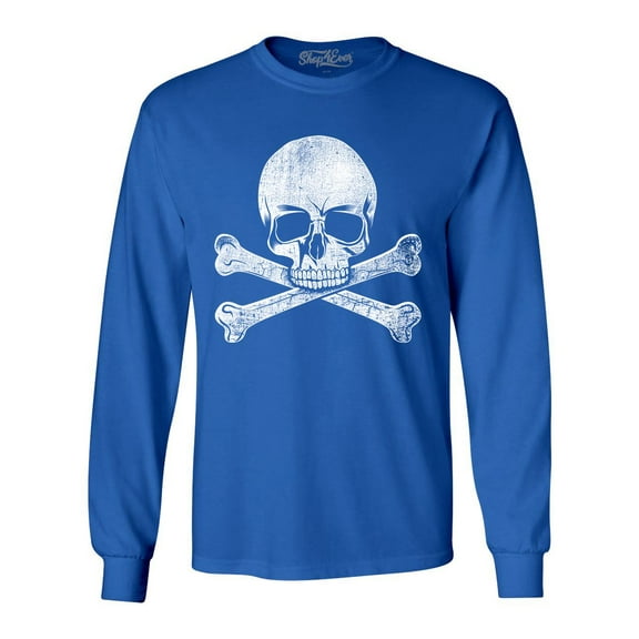 Shop4Ever Men's Distressed White Skull and Crossbones Long Sleeve Shirt X-Large Royal Blue