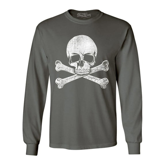 Shop4Ever Men's Distressed White Skull and Crossbones Long Sleeve Shirt XXX-Large Charcoal