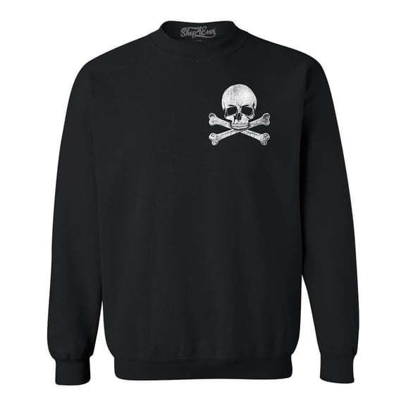 Shop4Ever Men's Distressed White Skull and Crossbones Pocket Size  Crewneck Sweatshirt XXXXX-Large Black