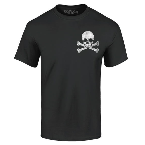 Shop4Ever Men's Distressed White Skull and Crossbones Pocket Size Graphic T-shirt Large Black