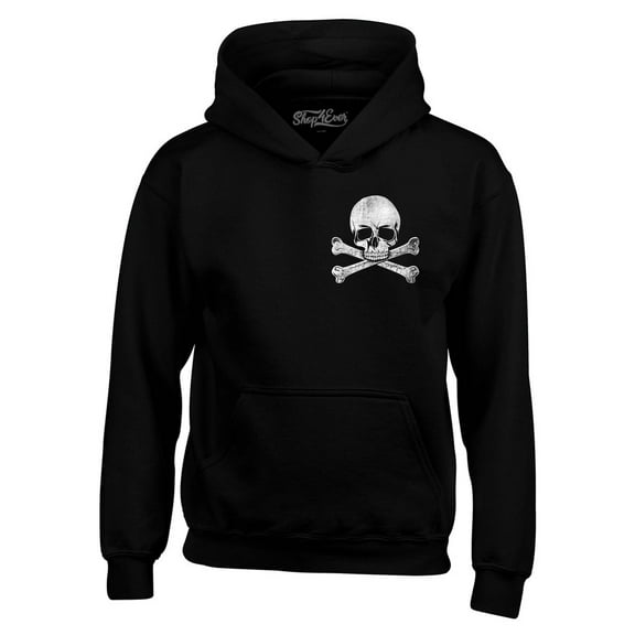 Shop4Ever Men's Distressed White Skull and Crossbones Pocket Size  Hooded Sweatshirt Hoodie XX-Large Black