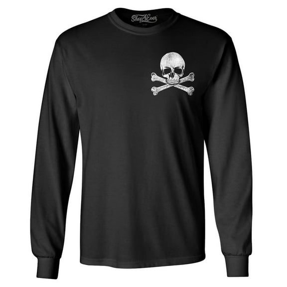 Shop4Ever Men's Distressed White Skull and Crossbones Pocket Size  Long Sleeve Shirt Small Black