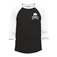 thumbnail image 1 of Shop4Ever Men's Distressed White Skull and Crossbones Pocket Size  Raglan Baseball Shirt Large Black/White, 1 of 4