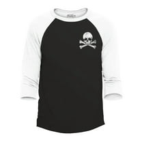 Shop4Ever Men's Distressed White Skull and Crossbones Pocket Size  Raglan Baseball Shirt Large Black/White