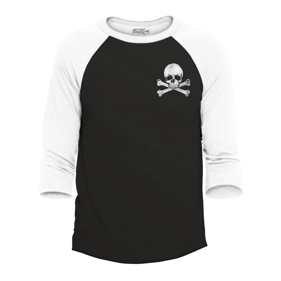 Shop4Ever Men's Distressed White Skull and Crossbones Pocket Size Raglan Baseball Shirt Large Black/White
