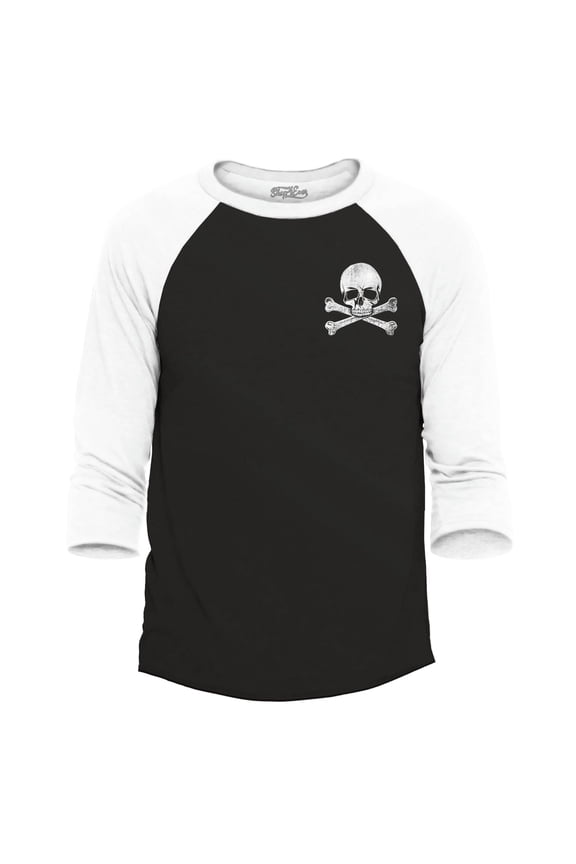 Men's Distressed White Skull and Crossbones Pocket Size Raglan Baseball Shirt X-Small Black/White
