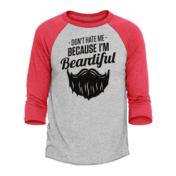 Shop4Ever Men's Don't Hate Me Because I'm Beardiful Funny Raglan Baseball Shirt Medium Heather Grey/Red