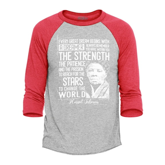 Shop4Ever Men's Dreamer Change The World Quote Harriet Tubman Raglan Baseball Shirt XX-Large Heather Grey/Red
