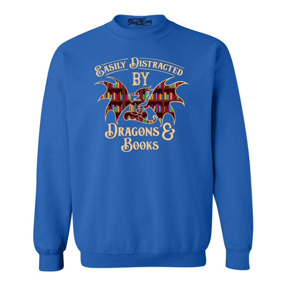 Shop4Ever Men's Easily Distracted by Dragons and Books Crewneck Sweatshirt Large Royal Blue