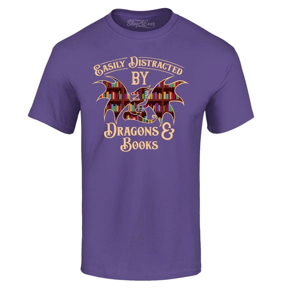 Shop4Ever Men's Easily Distracted by Dragons and Books Graphic T-shirt Medium Purple