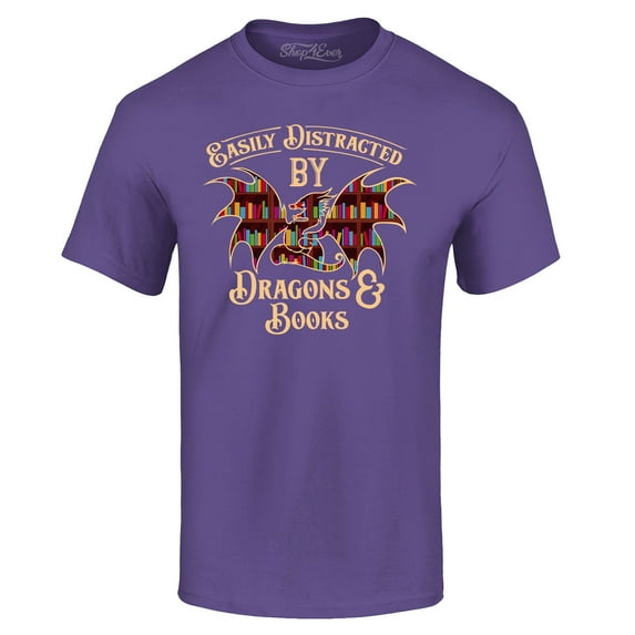Shop4Ever Men's Easily Distracted by Dragons and Books Graphic T-shirt XX-Large Purple